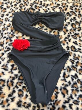 Lovers + Friends Black One-Shoulder Cutout One-Piece with Red Floral Accent